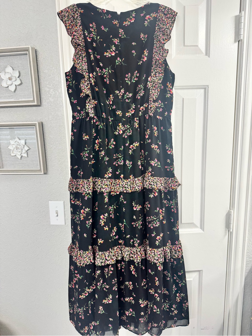 Black Floral Tiered Long Dress - Pink Accent